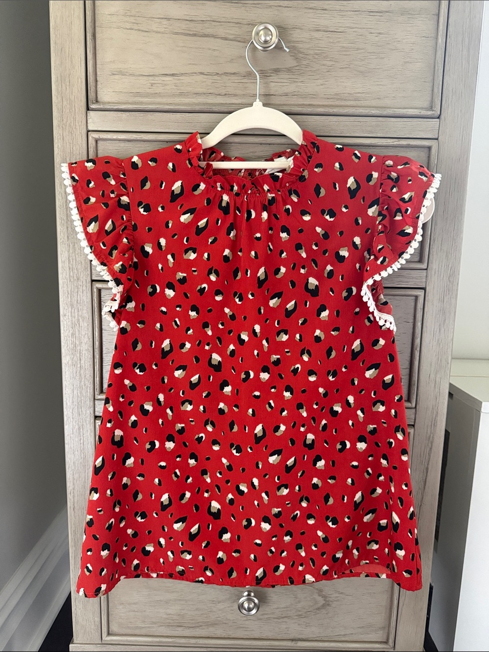 THML Red Leopard-Print Flutter Sleeve Top with Pom Trim